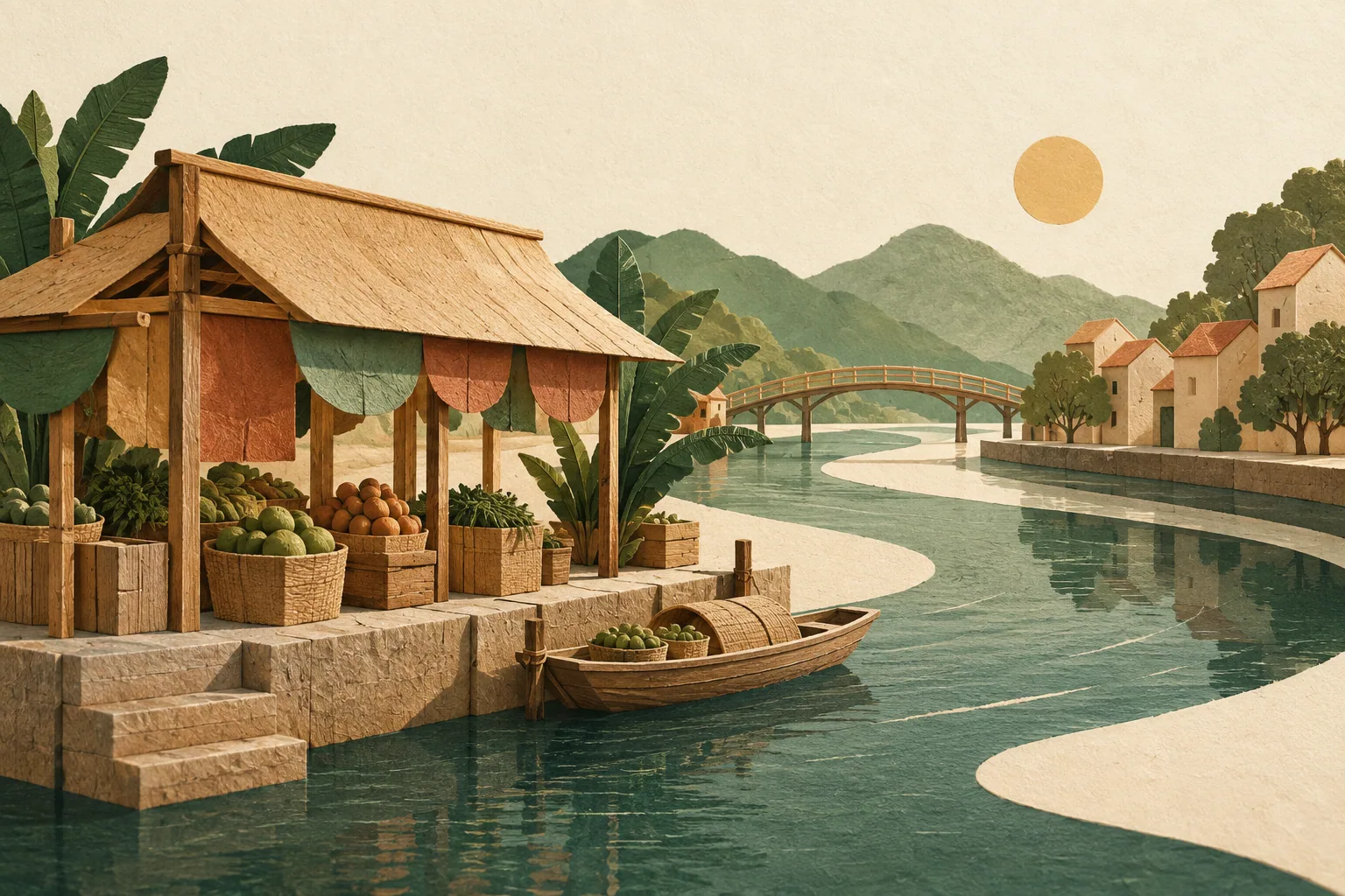 Stylizovaný trh u řeky jako ilustrace vietnamského live commerce.